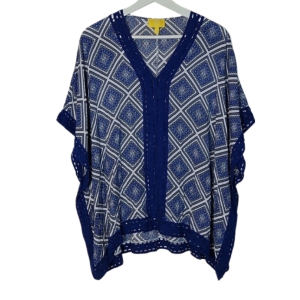 Lace-Trim Poncho Top in Blue Print XS-S